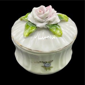Elfinware Germany Vintage Pre 1945 Trinket Box Rose Painted Flowers White FLAW